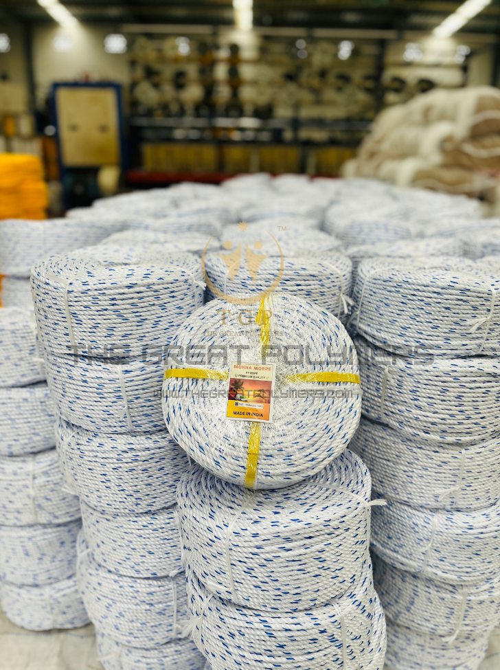 High-Quality PP Rope 3 Strand 200 Yards 8mm White with Blue Tracer - Fishing Rope Manufacturer in India